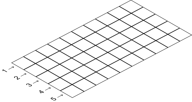 Grid with 5 rows (numbered 1 to 5) and 10 columns, presented in an orthographic projection.